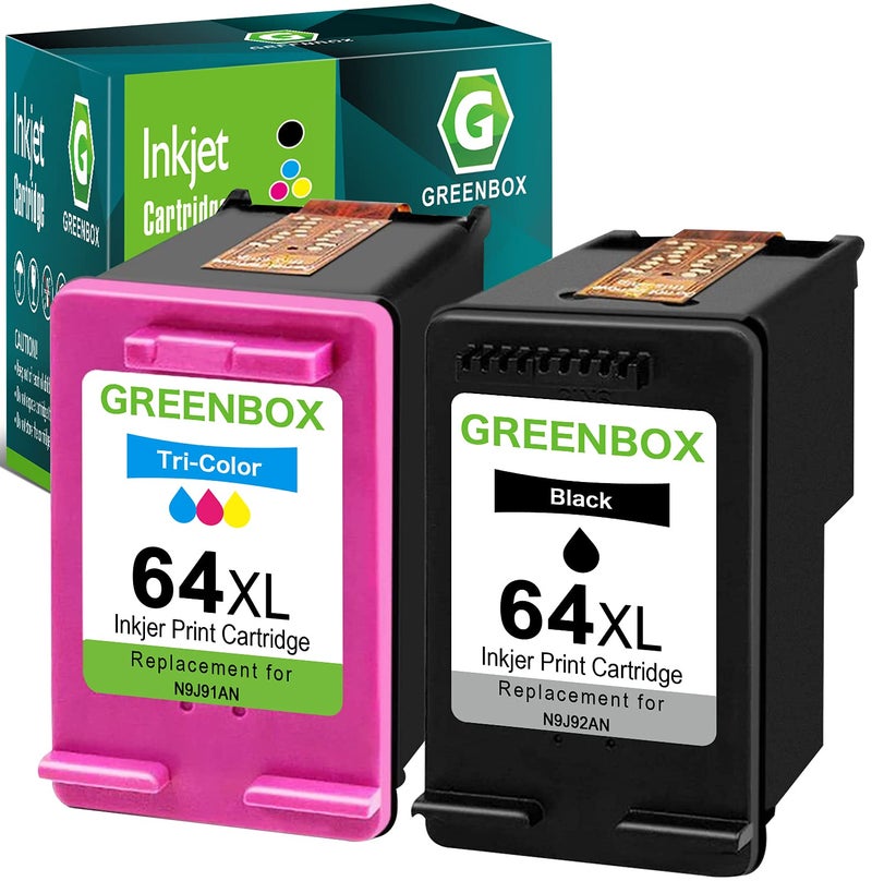 GREENBOX 64XL Ink Cartridges Combo Pack Replacement for HP 64XL 64 Ink Cartridge Black/Color for Envy Photo 7155 7855 6255 7120 6252 6220 6230 6258 7158 7130 7132 7164 7858 7800 6222 Printer, 2 Pack - Image 1